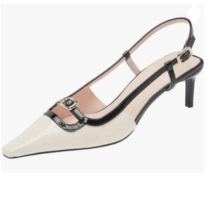 Pazzion Black Square Toe Slingback Pump Mid Heel Backstrap Buckle Slip On Sandal